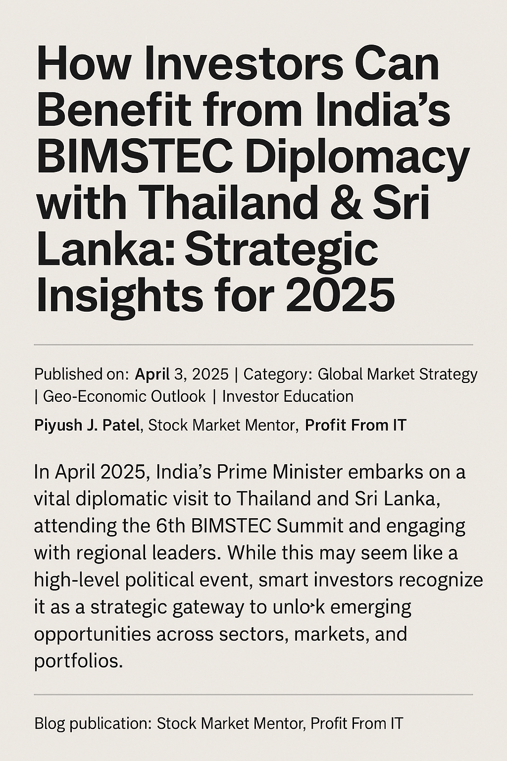 How Investors Can Benefit from India’s BIMSTEC Diplomacy with Thailand & Sri Lanka: Strategic Insights for 2025